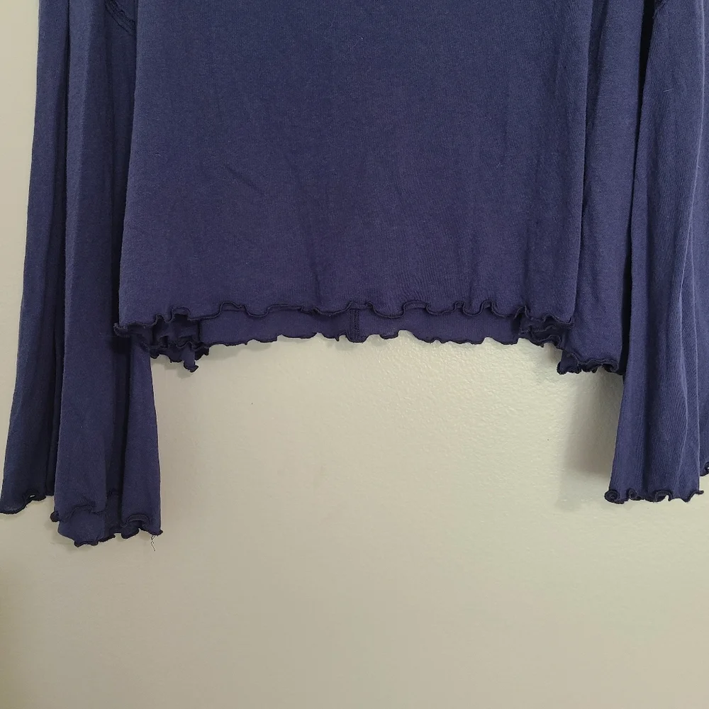 Free People Bird Gang Cropped Oversized Bell Sleeve Beachy Blue Cotton Tee L